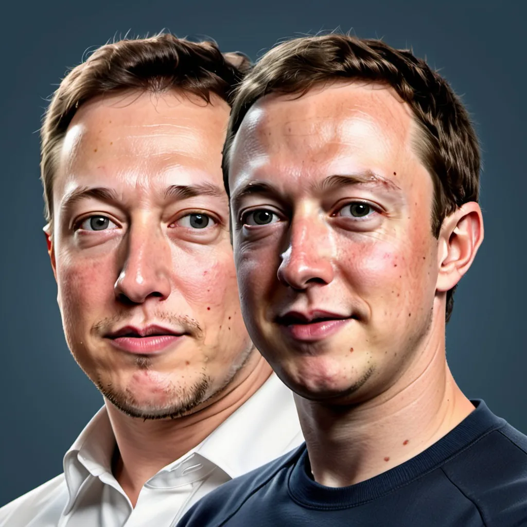 Prompt: Realistic digital illustration of Elon Musk and Mark Zuckerberg, detailed facial features, high-quality rendering, modern tech style, neutral color tones, professional lighting, realistic portrayal, tech moguls, highres, detailed, digital art, modern, neutral colors, professional lighting