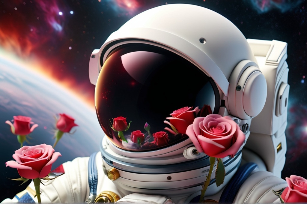 Prompt: CLOSEUP.Rich colors.Growing roses red and white, inside astronaut open helmet drifting in open space, galaxy, nebula, space background, photorealistic, 8k octane rendering, hyper detail, volumetric lighting, hdr..