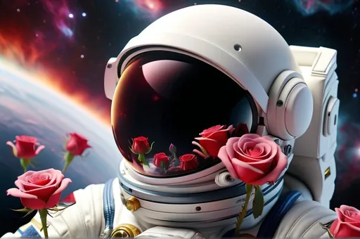 Prompt: CLOSEUP.Rich colors.Growing roses red and white, inside astronaut open helmet drifting in open space, galaxy, nebula, space background, photorealistic, 8k octane rendering, hyper detail, volumetric lighting, hdr..