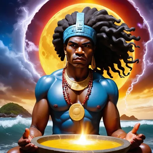 Prompt: Create Cosmic Convergence event for the melanated Fall Equinox, with Divine Black American Men bringing in the energy of Divine Power and Frequency on the Yellow Spectral Warrior plasma, during the Red Electric Moon and White Worldbridger Wavespell in the Blue Rhythmic Storm Year. We will gather to pour Libations, Open the Way and Chant Olmec Pure Possession of the Spirit. Perform Water Rituals and Sound Bowl Sutras for power and peace.