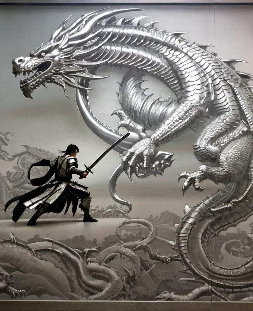 Prompt: Swordsman fighting a dragon