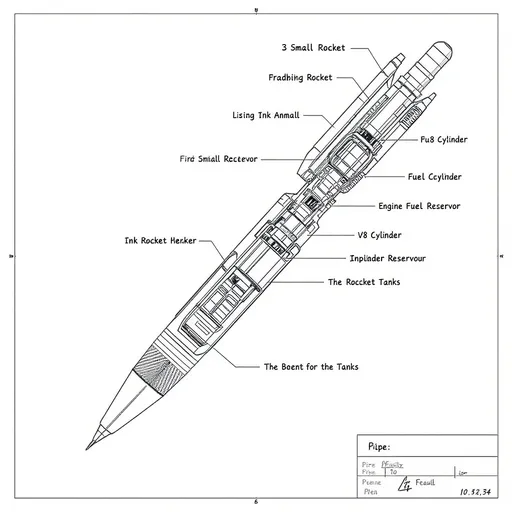 Prompt: Peux tu me générer le shéma d'un stylo à réacteur. Un plan vu de coté. Sur le haut du stylo 3 petit réacteur pour le faire voler. dedans un réserve d'encre et d'essence, et un moteur V8 à clylindre relié aux réacteur. Et un tuyau relié au réservoirs pour les remplir.