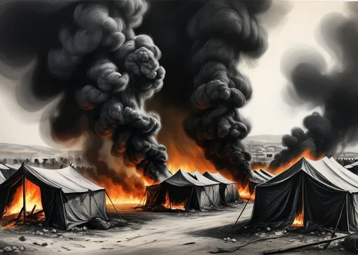 Prompt: Realistic drawing of the burning of refugee tents in Palestine, dramatic and poignant, smoke and fire billowing, tragic event, high quality, detailed charcoal sketch, somber and dark tones, intense emotions, powerful symbolism, heart-wrenching scene, evocative visuals, emotional impact, detailed depiction of destruction, realistic flames and smoke, emotional depth, heartbreaking narrative, haunting atmosphere, impactful artwork, powerful storytelling, realistic illustration, emotional intensity, compelling composition, evocative lighting