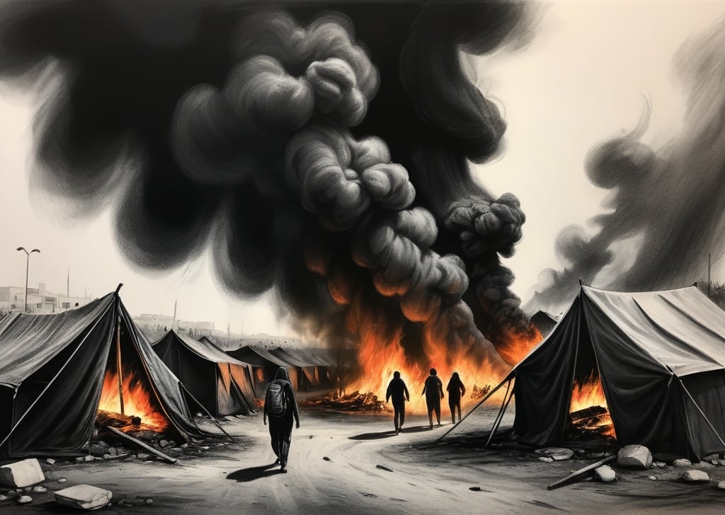 Prompt: Realistic drawing of the burning of refugee tents in Palestine, dramatic and poignant, smoke and fire billowing, tragic event, high quality, detailed charcoal sketch, somber and dark tones, intense emotions, powerful symbolism, heart-wrenching scene, evocative visuals, emotional impact, detailed depiction of destruction, realistic flames and smoke, emotional depth, heartbreaking narrative, haunting atmosphere, impactful artwork, powerful storytelling, realistic illustration, emotional intensity, compelling composition, evocative lighting