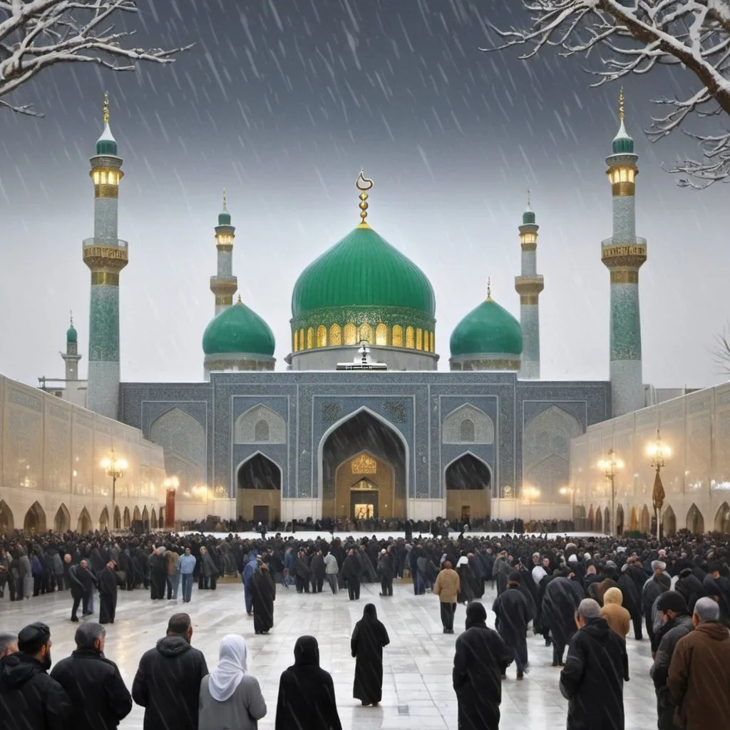 Prompt: The shrine of Imam Reza, peace be upon him, in Iran, surrounded by visitors from all sides, and snow falling from the sky. A realistic drawing of the scene, highlighting the beauty and magnificence of the view to attract tourists.