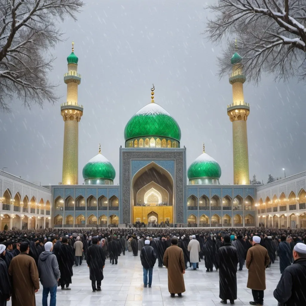 Prompt: The shrine of Imam Reza, peace be upon him, in Iran, surrounded by visitors from all sides, and snow falling from the sky. A realistic drawing of the scene, highlighting the beauty and magnificence of the view to attract tourists.