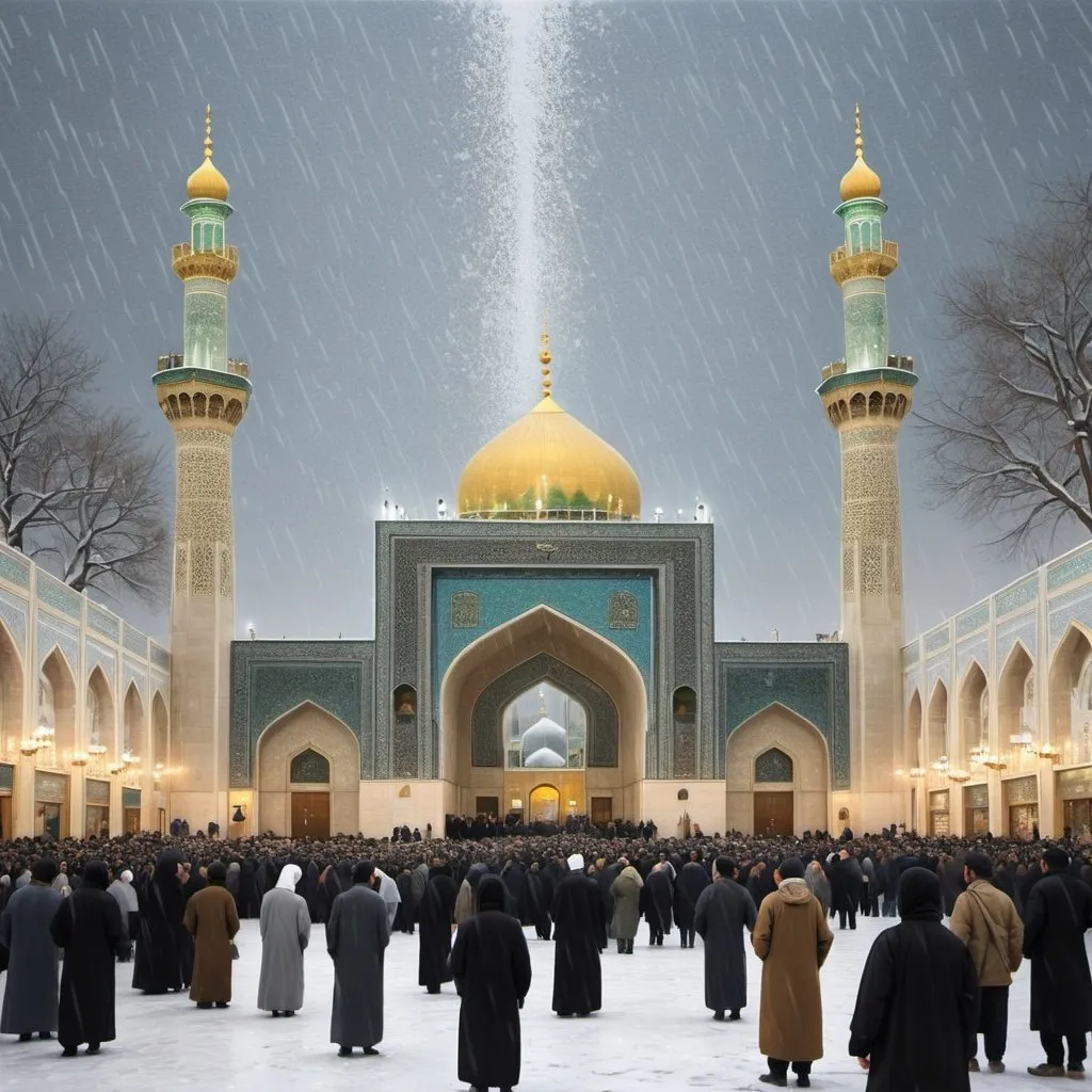 Prompt: The shrine of Imam Reza, peace be upon him, in Iran, surrounded by visitors from all sides, and snow falling from the sky. A realistic drawing of the scene, highlighting the beauty and magnificence of the view to attract tourists.