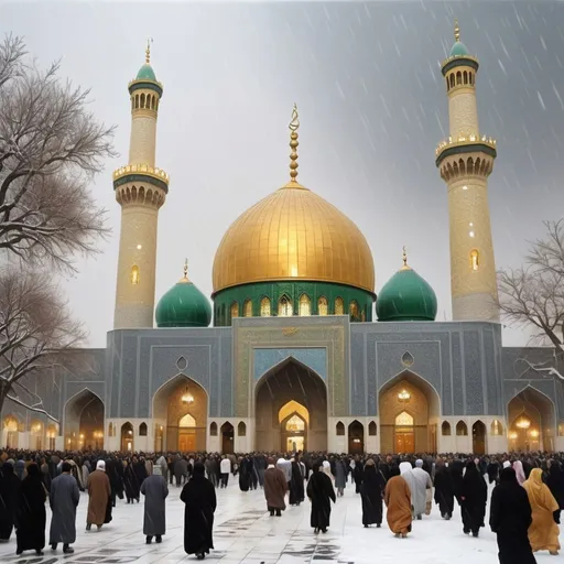 Prompt: The shrine of Imam Reza, peace be upon him, in Iran, surrounded by visitors from all sides, and snow falling from the sky. A realistic drawing of the scene, highlighting the beauty and magnificence of the view to attract tourists A man from among the visitors carries a large flag on which is written in Arabic, “لبيك يا امام الرضا
The color of the two minarets and the dome is golden From inside the courtyard of the sanctuary