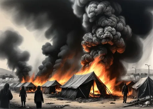 Prompt: Realistic drawing of the burning of refugee tents in Palestine, dramatic and poignant, smoke and fire billowing, tragic event, high quality, detailed charcoal sketch, somber and dark tones, intense emotions, powerful symbolism, heart-wrenching scene, evocative visuals, emotional impact, detailed depiction of destruction, realistic flames and smoke, emotional depth, heartbreaking narrative, haunting atmosphere, impactful artwork, powerful storytelling, realistic illustration, emotional intensity, compelling composition, evocative lighting The most prominent human beings were burned in the incident, making it a gruesome and poignant scene