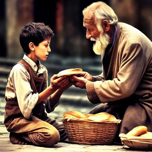 Prompt: A young boy was hungry and was about to  eat his bread but a hungry old man came to him and the young boy offered his bread to him. 