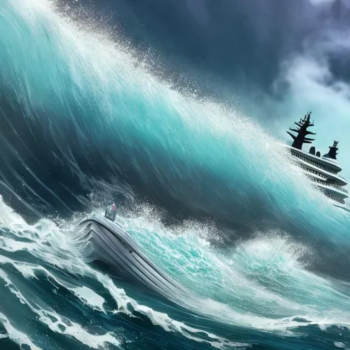 Prompt: A wicked white  man being washed away in a big boat by the massive ocean wave 