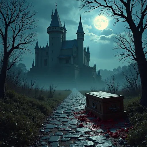 Prompt: create photo with scary gothic castle in the moonlight grounds full of monsters and zombies on  the side of the path is a broken brown wooden casket, with blood pouring out onto the ground  a dismemered corpse clearly visable - photo realistic

