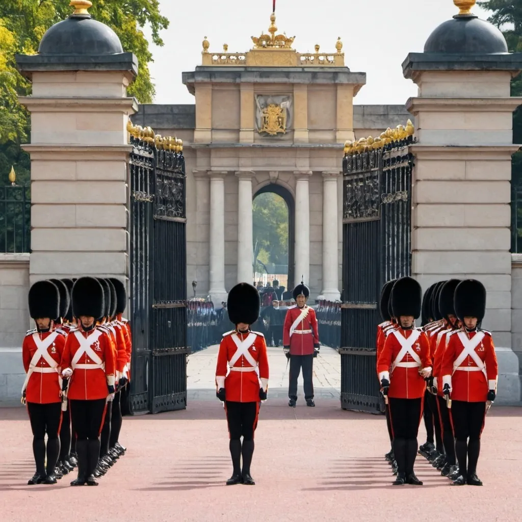 Prompt: show me the guard outside a palace gate. The changing of guard is happening