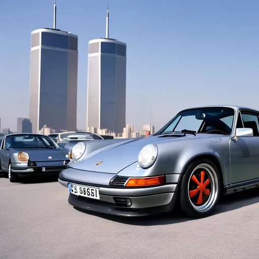 Prompt: Porsche 911 and the Twin Towers