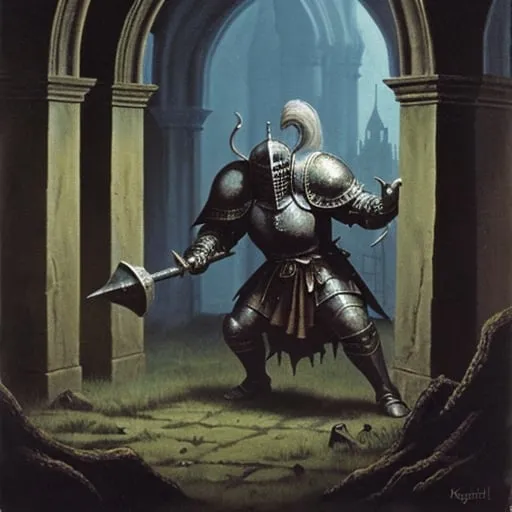 Prompt: 70s dark fantasy painting of a knight in a gothic castle fighting a large troll.