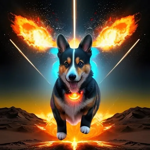 Prompt: Corgi riding a thermonuclear bomb, explosive energy, surreal setting, detailed fur with fiery reflections, intense and determined gaze, high-tech bomb design, vibrant and chaotic color tones, dramatic lighting, best quality, highres, ultra-detailed, surreal, explosive, vibrant colors, detailed eyes, professional, dramatic lighting