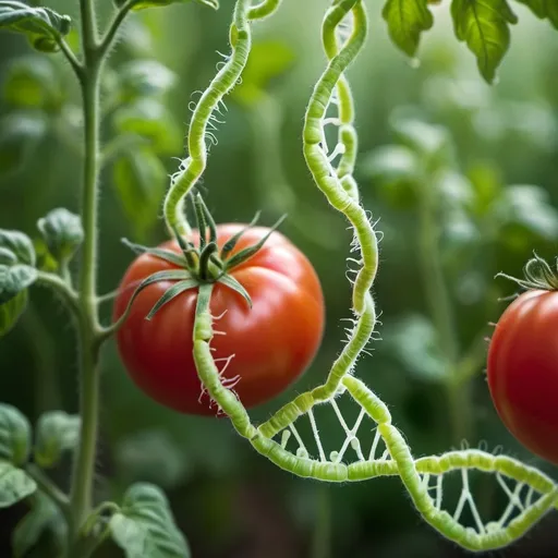 Prompt: an image of a microtom tomato and the green DNA is loop at the calyx 
