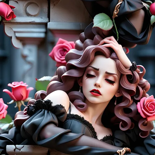 Prompt: (Vampire woman sitting on a wall, baroque style), (dark color scheme), melancholic ambiance, surrounded by vibrant red roses on the floor, expressive pose with face in hands, distressed pink curls, wearing a tattered black wedding dress, a solitary tear rolling down her cheek, enchanting park background, ultra-detailed, 4K quality, gothic undertones, ethereal lighting highlighting her sorrow.