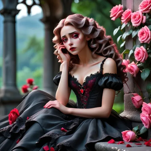 Prompt: (Vampire woman sitting on a wall, baroque style), (dark color scheme), melancholic ambiance, surrounded by vibrant red roses on the floor, expressive pose with face in hands, distressed pink curls, wearing a tattered black wedding dress, a solitary tear rolling down her cheek, enchanting park background, ultra-detailed, 4K quality, gothic undertones, ethereal lighting highlighting her sorrow.