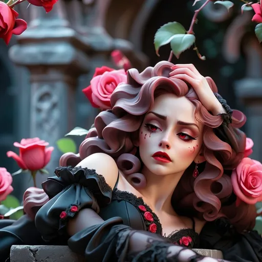 Prompt: (Vampire woman sitting on a wall, baroque style), (dark color scheme), melancholic ambiance, surrounded by vibrant red roses on the floor, expressive pose with face in hands, distressed pink curls, wearing a tattered black wedding dress, a solitary tear rolling down her cheek, enchanting park background, ultra-detailed, 4K quality, gothic undertones, ethereal lighting highlighting her sorrow.