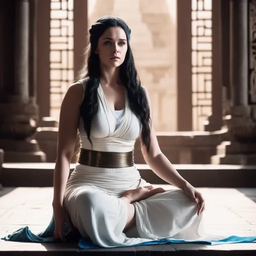 Prompt: A very pretty full figured woman. Long wavy black hair. Blue eyes. She is a Jedi. A tight white tank top and long white skirt. Sitting in a meditative pose in front of a temple. Hi-res art style. Cinematic