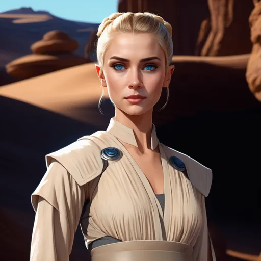 Prompt: A petite blonde haired woman. Hair in a tight bun on top of her head. Blue eyes. She is a Jedi. A desert oasis background. 