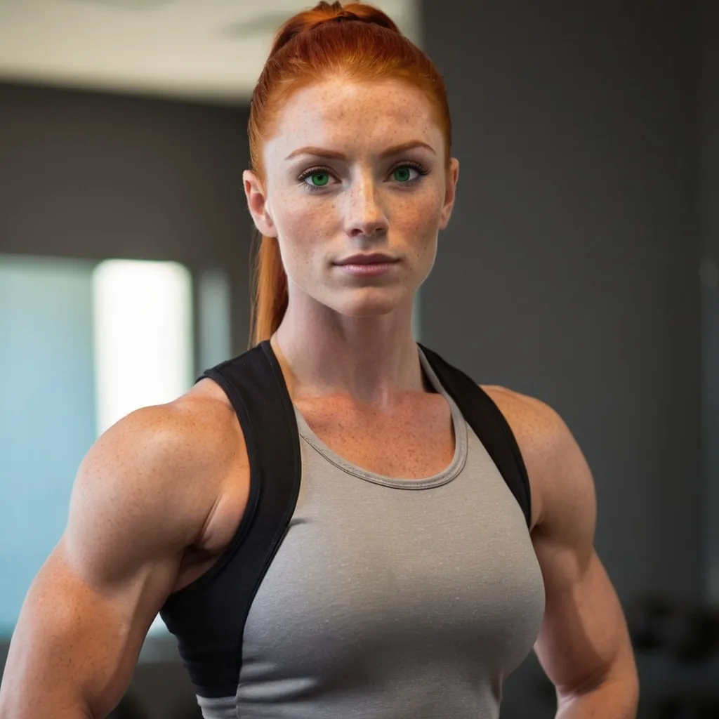 Prompt: A pretty red haired woman. Hair pulled back in a short ponytail. Body builder physique. Green eyes. Freckles. She is a Jedi.