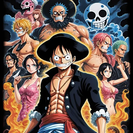 Prompt: 1970s dark fantasy book cover dressrosa one piece 