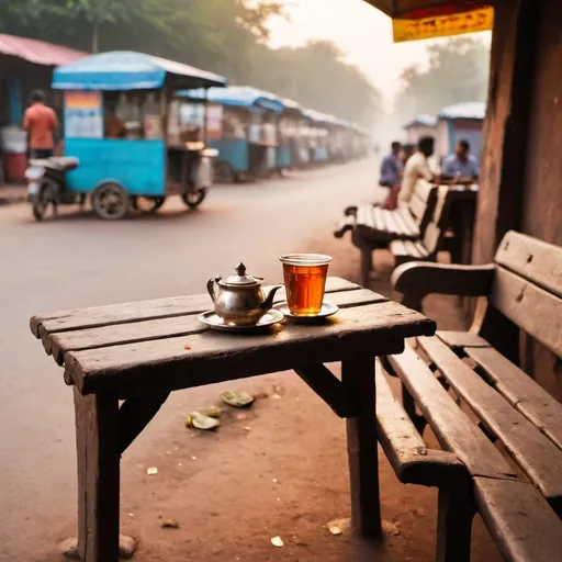 Prompt: A Indian tea stall with a small glass cup of tea kept on a old bench in front of tea stall near a road in summer hot evening 