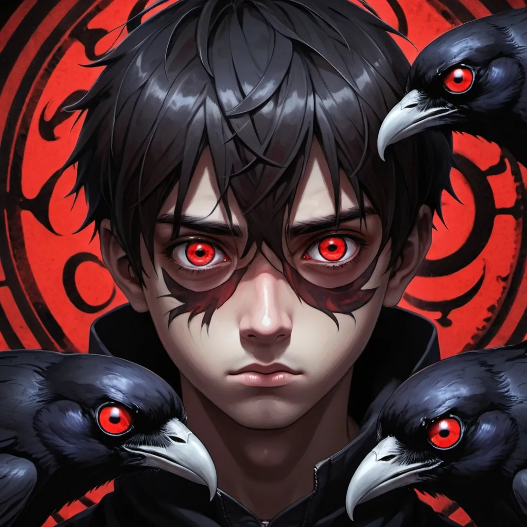 Prompt: Boy and raven, sharingan, red eyes,  otherworldly, surreal, beautiful face, , highres, detailed, surrealist, dark tones, eerie lighting, intense expression, psychedelic, nightmarish, surrealistic, high Detail, perfekt lighting, anime Style, 2.5 D