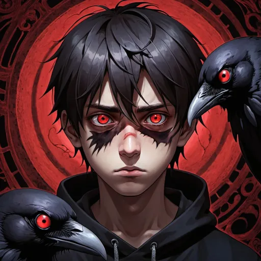 Prompt: Boy and raven, sharingan, red eyes,  otherworldly, surreal, beautiful face, , highres, detailed, surrealist, dark tones, eerie lighting, intense expression, psychedelic, nightmarish, surrealistic, high Detail, perfekt lighting, anime Style, 2.5 D