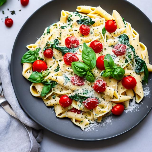 Prompt: creamy Ricotta Pasta with Spinach and  sliced Cherry Tomatoes with fine  grated parmesan on top and dried basil and oregano sprinkled in

