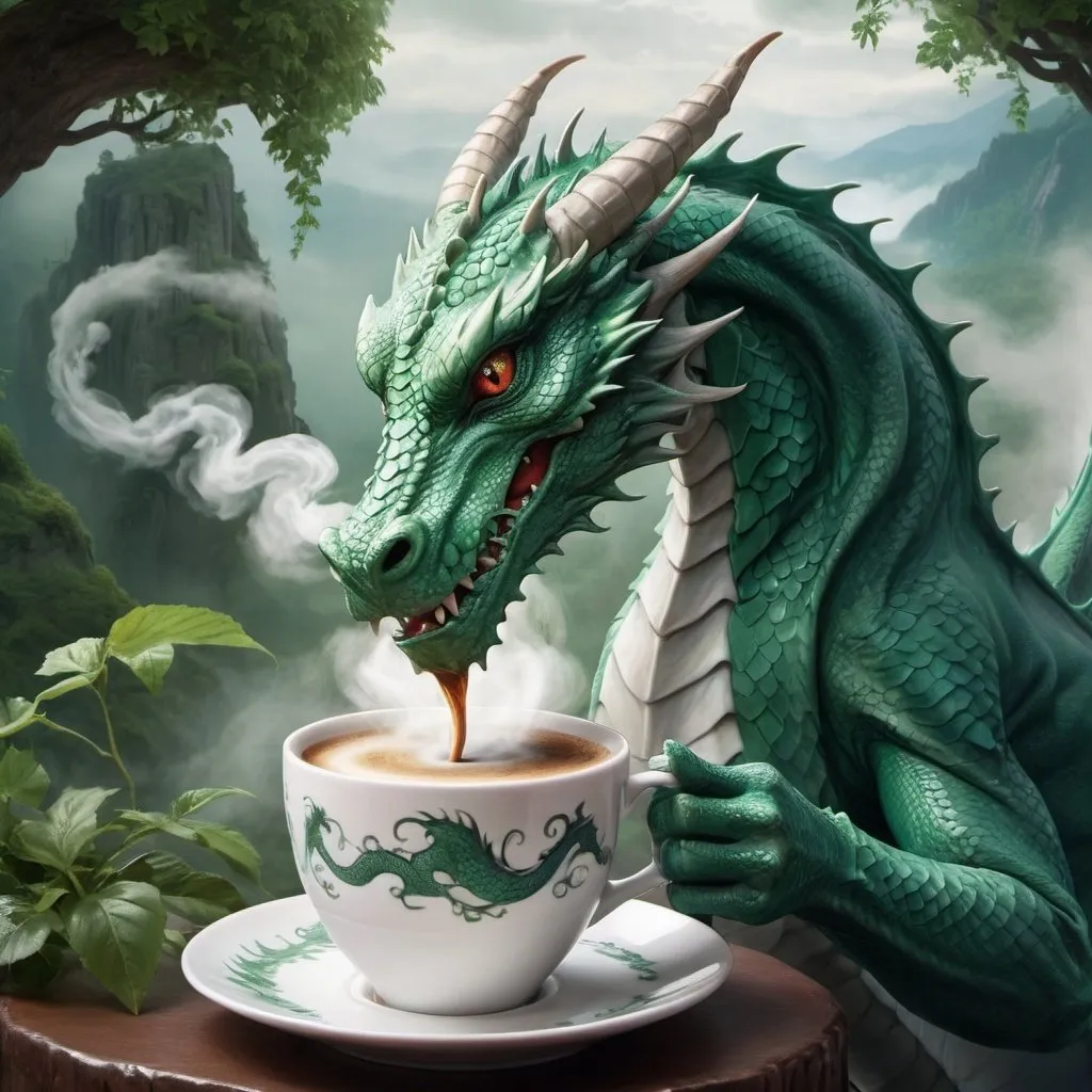 Prompt: How about a majestic dragon carefully holding a delicate cup of coffee in its claw, presenting it to its dragon mom with a tender gaze amidst a backdrop of swirling mist and lush greenery