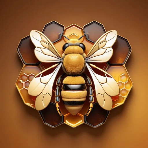 Prompt: High-quality 3D rendering of a honey bee logo, golden and warm tones, modern and sleek design, intricate honeycomb pattern, realistic textures, elegant and professional, vibrant and inviting, branding, honey store, online business, detailed wings, glossy finish, warm lighting