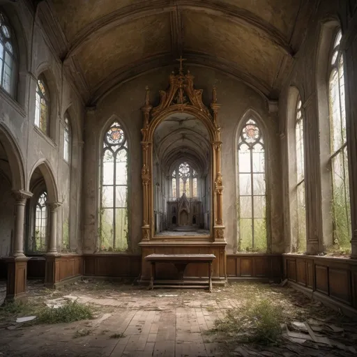 Prompt: Abandoned big french church with  big windows, long  floor,mysterious atmosphere, soft natural lighting, high quality, detailed painting, atmospheric, antique, vintage, overgrown, eerie, nostalgic, abandoned, atmospheric lighting, famous house, fresko in the wall, and two big golden mirror with flower rim