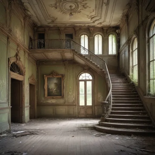 Prompt: Abandoned big french ballroom with big two stairs , mysterious atmosphere, soft natural lighting, high quality, detailed painting, atmospheric, antique, vintage, overgrown, eerie, nostalgic, abandoned, atmospheric lighting, famous house