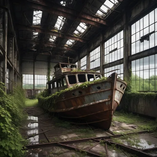 Prompt: Abandoned boat factory, dilapidated structures, rusted metal, overgrown with vines, eerie atmosphere, high quality, realistic, desaturated tones, moody lighting, post-apocalyptic, industrial decay, empty and desolate, hauntingly beautiful, overcast sky, broken windows, weathered materials, eerie silence, dramatic shadows