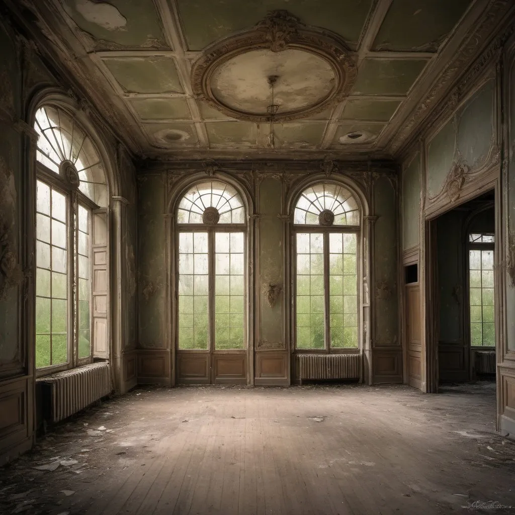 Prompt: Abandoned big french ballroom  with  eight big windows, balcon,mysterious atmosphere, soft natural lighting, high quality, detailed painting, atmospheric, antique, vintage, overgrown, eerie, nostalgic, abandoned, atmospheric lighting, famous house