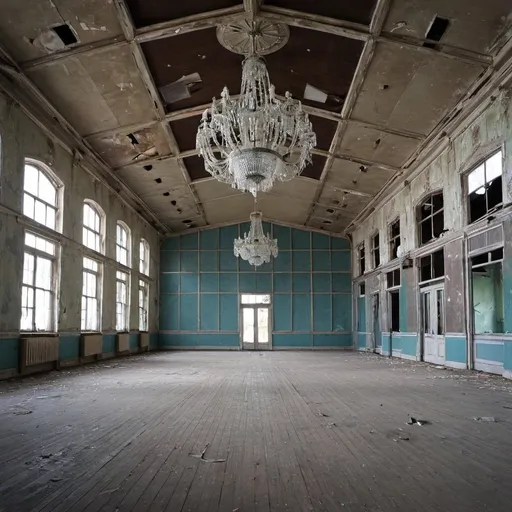 Prompt: Abandoned dance hall. With large windows. With two mirrors. With old painted walls. Huge chandelier.