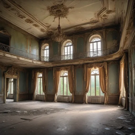 Prompt: Abandoned big french ballroom  with  eight big windows, long danceing floor,  balcon,mysterious atmosphere, soft natural lighting, high quality, detailed painting, atmospheric, antique, vintage, overgrown, eerie, nostalgic, abandoned, atmospheric lighting, famous house, fresko in the wall, and two big golden mirror with flower rim