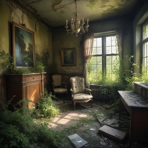 Prompt: Abandoned living room with overgrown flora, mysterious atmosphere, soft natural lighting, high quality, detailed painting, atmospheric, antique, vintage, overgrown, eerie, nostalgic, floral, abandoned, atmospheric lighting