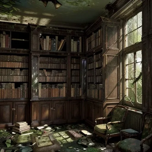 Prompt: Abandoned library with overgrown flora, vintage bookshelf, forgotten novels, mysterious atmosphere, soft natural lighting, high quality, detailed painting, atmospheric, antique, vintage, overgrown, eerie, nostalgic, floral, abandoned, atmospheric lighting