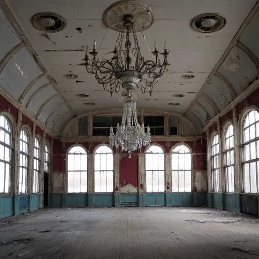 Prompt: Abandoned dance hall. With large windows. With two mirrors. With old painted walls. Huge chandelier.