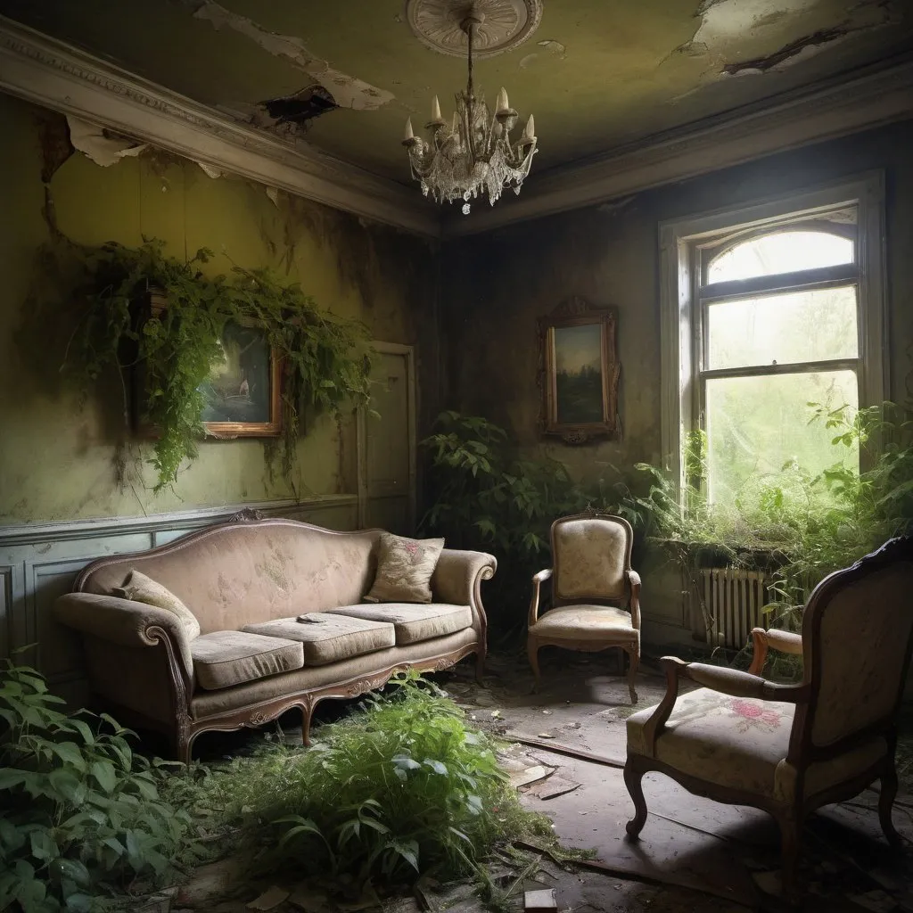 Prompt: Abandoned living room with overgrown flora, mysterious atmosphere, soft natural lighting, high quality, detailed painting, atmospheric, antique, vintage, overgrown, eerie, nostalgic, floral, abandoned, atmospheric lighting