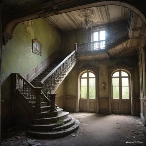 Prompt: Abandoned big french greeting room with big two stairs , mysterious atmosphere, soft natural lighting, high quality, detailed painting, atmospheric, antique, vintage, overgrown, eerie, nostalgic, abandoned, atmospheric lighting, famous house