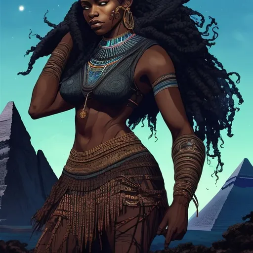 Prompt: beautiful detailed dark skin, thick black women, long braided hair, facing backwards, full body, digital illustration, detailed and sleek design, full body picture, standing on, top of mountain setting, dramatic lighting, high res, ultra-detailed, realistic illustration, sleek design, highly detailed, intense, ancient Egypt setting, dramatic lighting, full body, high resolution, vibrant colors,

