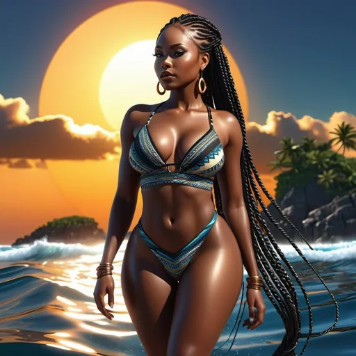 Prompt: 
 3D, beautiful, dark skin, thong, thick, curvy, black woman, long braids, digital illustration, detailed and sleek design, full body, ocean setting, dramatic lighting, high-res, ultra-detailed, intense gaze, Africa setting, dramatic lighting, full body illustration, sun in background, detailed illustration. 3D
 