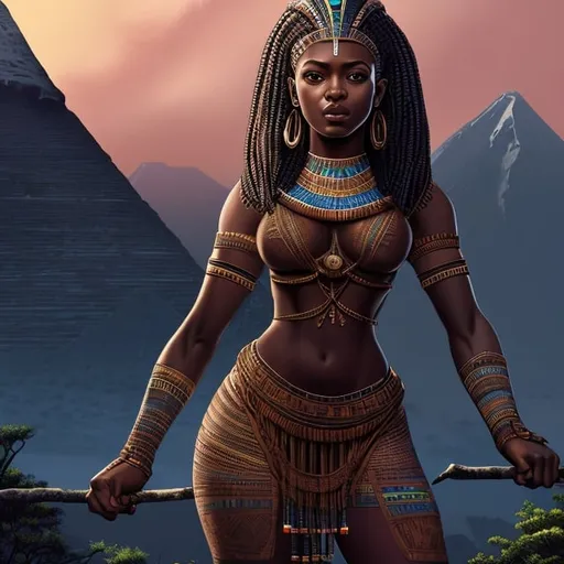 Prompt: beautiful detailed dark skin, thick black women, long braided hair, standing backwards, full body, digital illustration, detailed and sleek design, full body picture, standing on, top of mountain setting, dramatic lighting, high res, ultra-detailed, realistic illustration, sleek design, highly detailed, intense, ancient Egypt setting, dramatic lighting, full body, high resolution, pastel colors,

