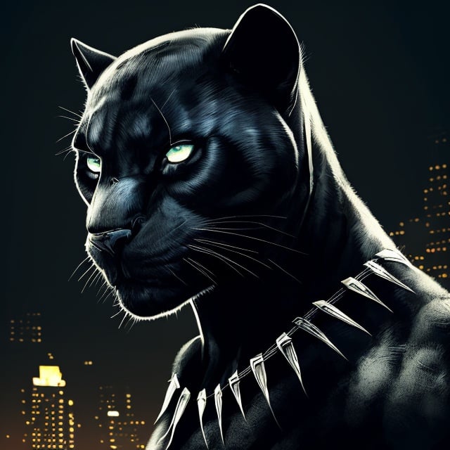 Prompt: Gangster black panther,money, digital illustration, detailed fur and sleek design, intense and focused gaze, urban city setting, dramatic lighting, high res, ultra-detailed, digital illustration, gangster, sleek design, detailed fur, intense gaze, urban city, dramatic lighting.
