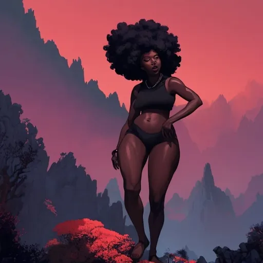 Prompt: beautiful, dark skinned, thick black women, afro, standing on mountain, full body, digital illustration, detailed and sleek design, full body picture, standing on, top of mountain setting, dramatic lighting, high res, ultra-detailed, digital illustration, sleek design, highly detailed, intense gaze, mountain top setting, dramatic lighting, full body, high resolution, cool colors,


